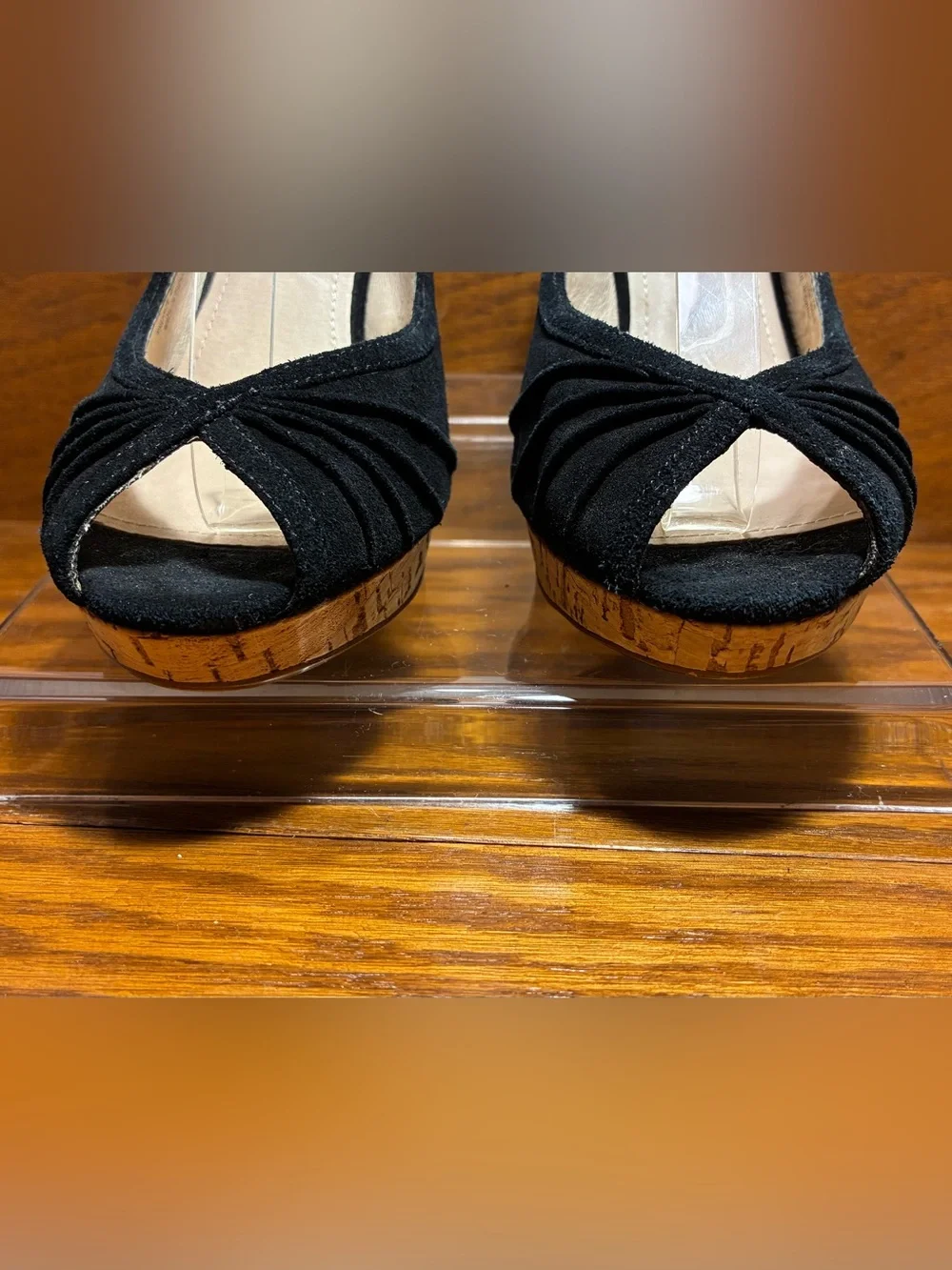 Y2K Steve Madden Cork Platform Slingback Peep Toe Heels Black Suede Size 8